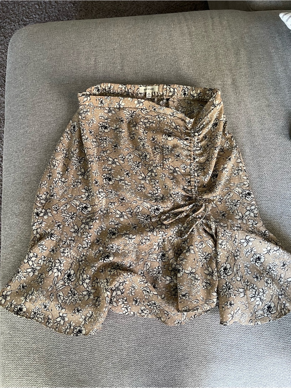 Max Studio Tan Floral A-Line Skirt with Ruched Detail